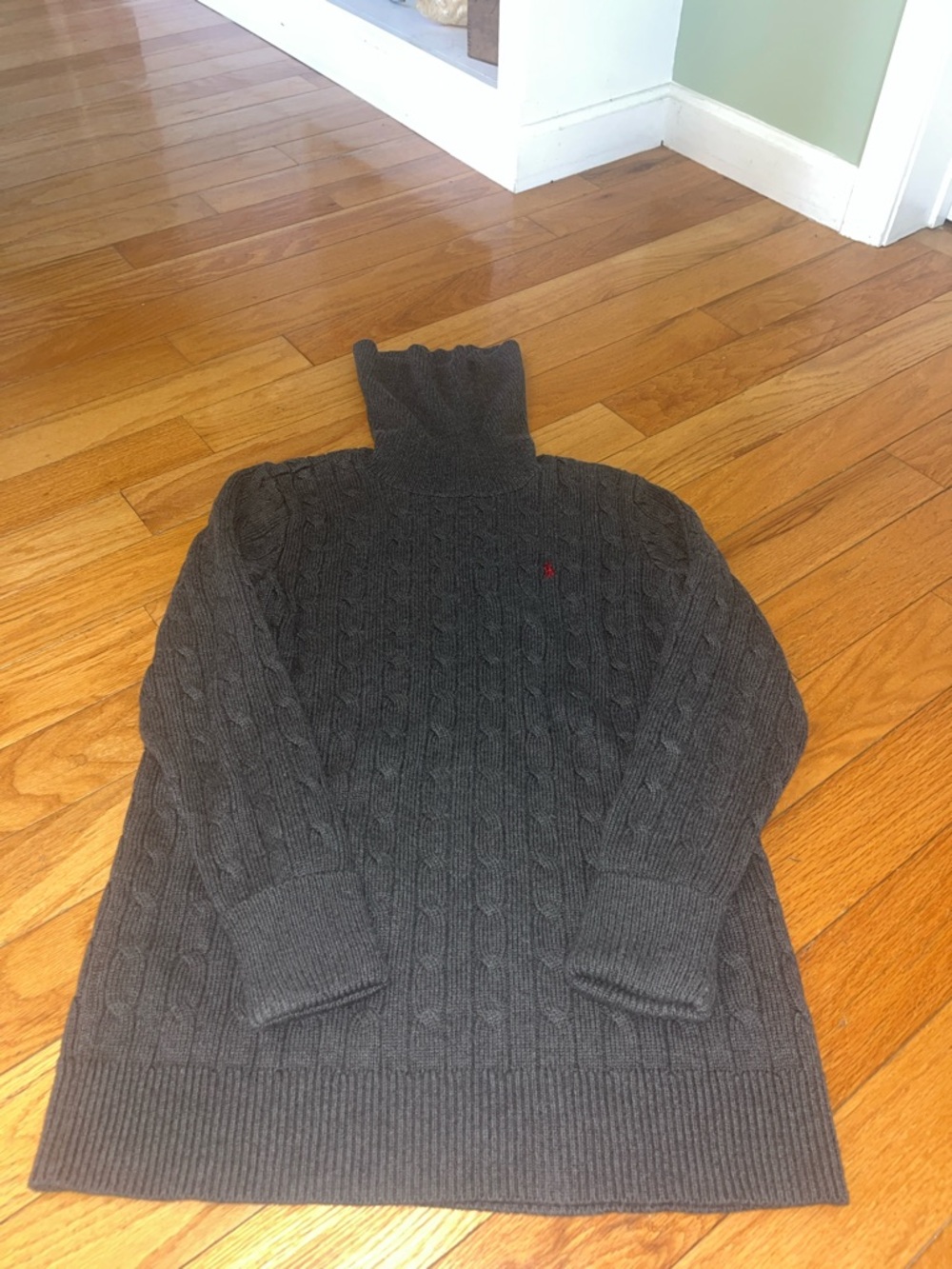 Ralph Lauren Dark Charcoal Cable-Knit Turtleneck Sweater with Red Polo Logo